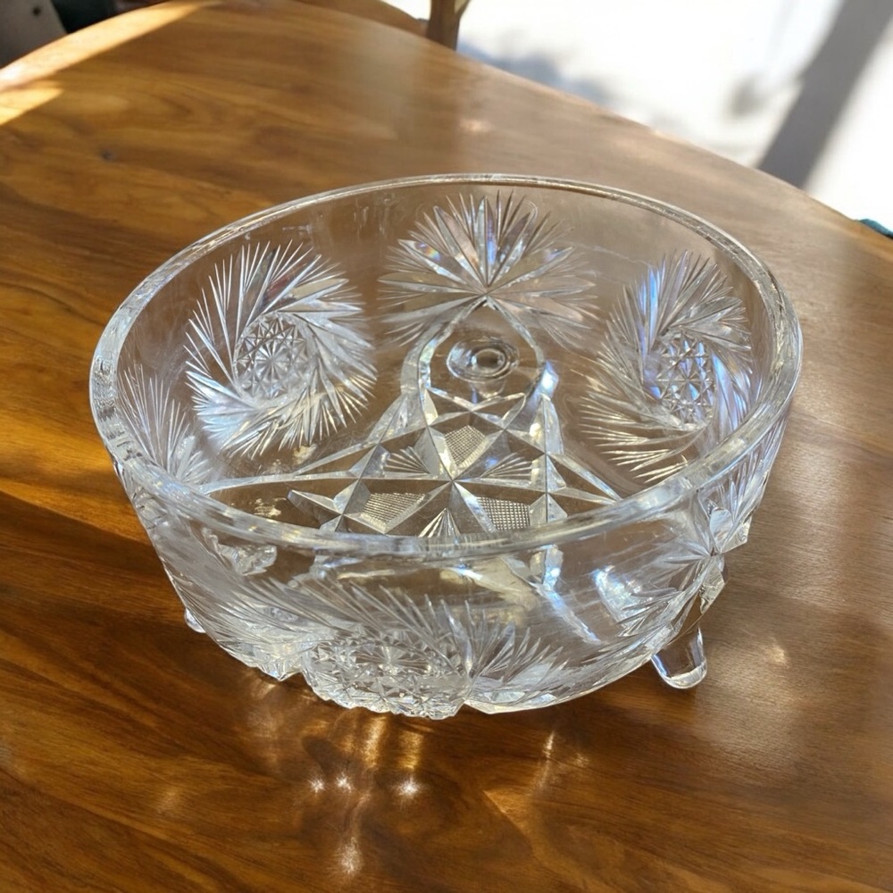 Antique American Brilliant Cut Glass Footed Bowl Pinwheel Star